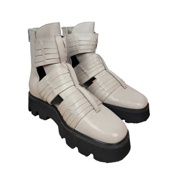 Free People Hydra Huarache Lug Boots Size 37 7 US Sand Dollar Leather Zip Woven - Picture 1 of 9